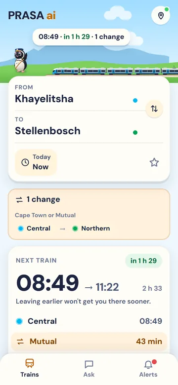 Khayelitsha to Stellenbosch: one change, at Cape Town or Mutual, from the Central Line to the Northern Line.